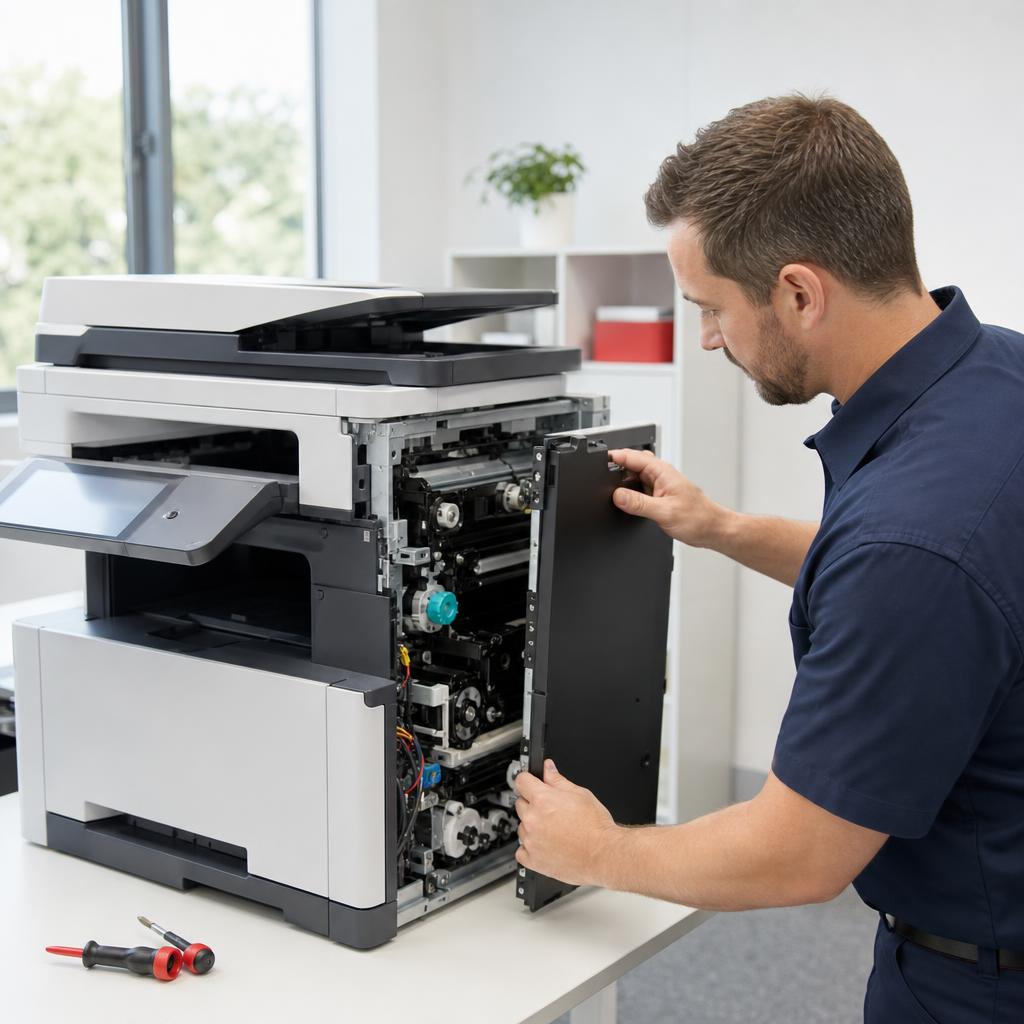 Technician working on a printer at its location